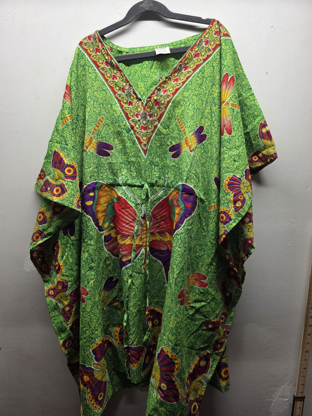 Green Butterfly-Print V-Neck Mini Dress with Tie Waist